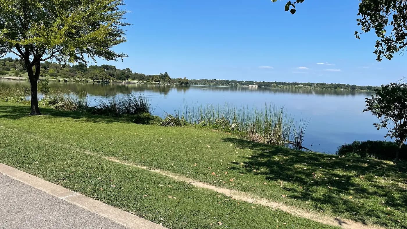 White Rock Lake in Dallas on a sunny day, seen from the grassy shore path with reeds at the water's edge