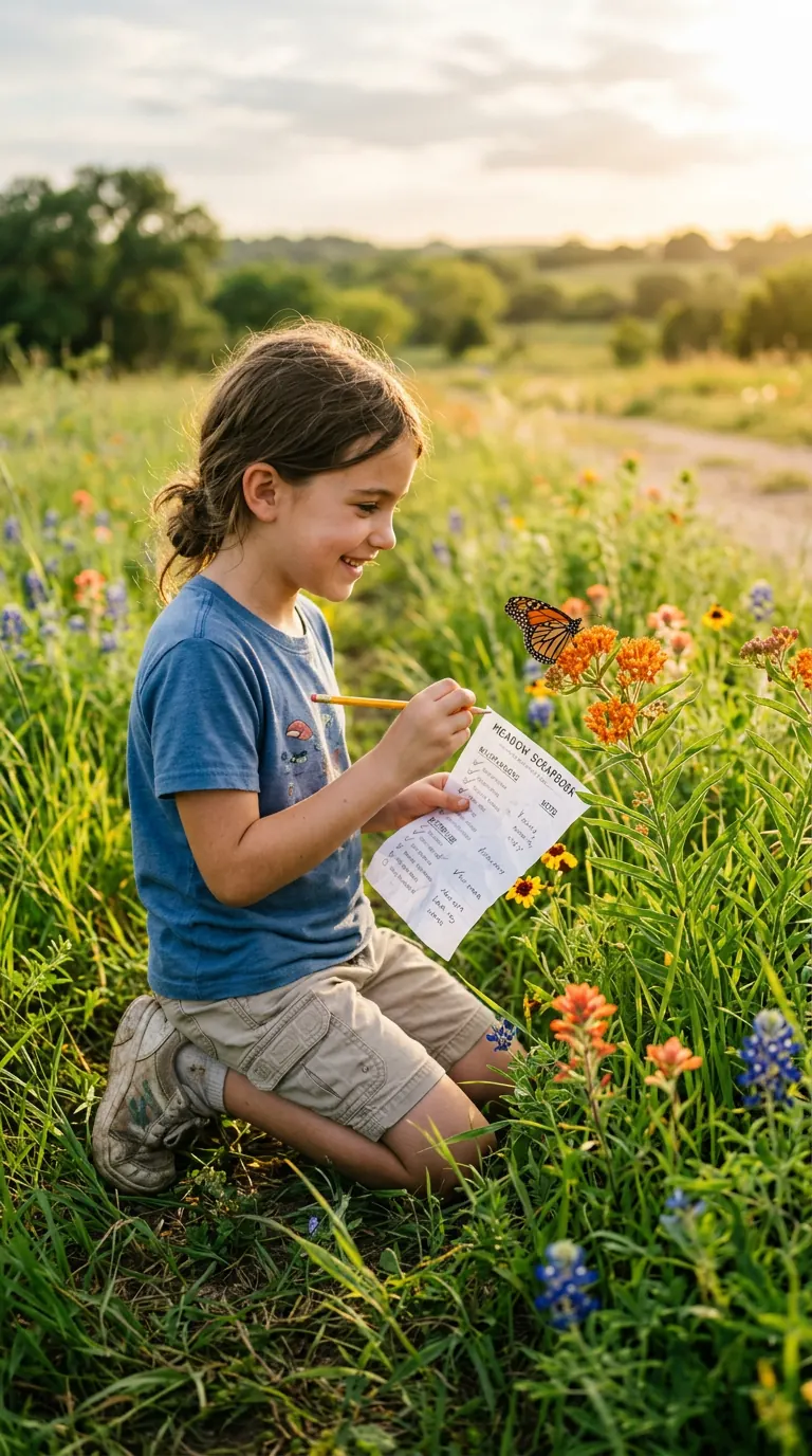 AI-generated illustration: a child kneels in a wildflower meadow with a paper checklist and a pencil, looking at a butterfly